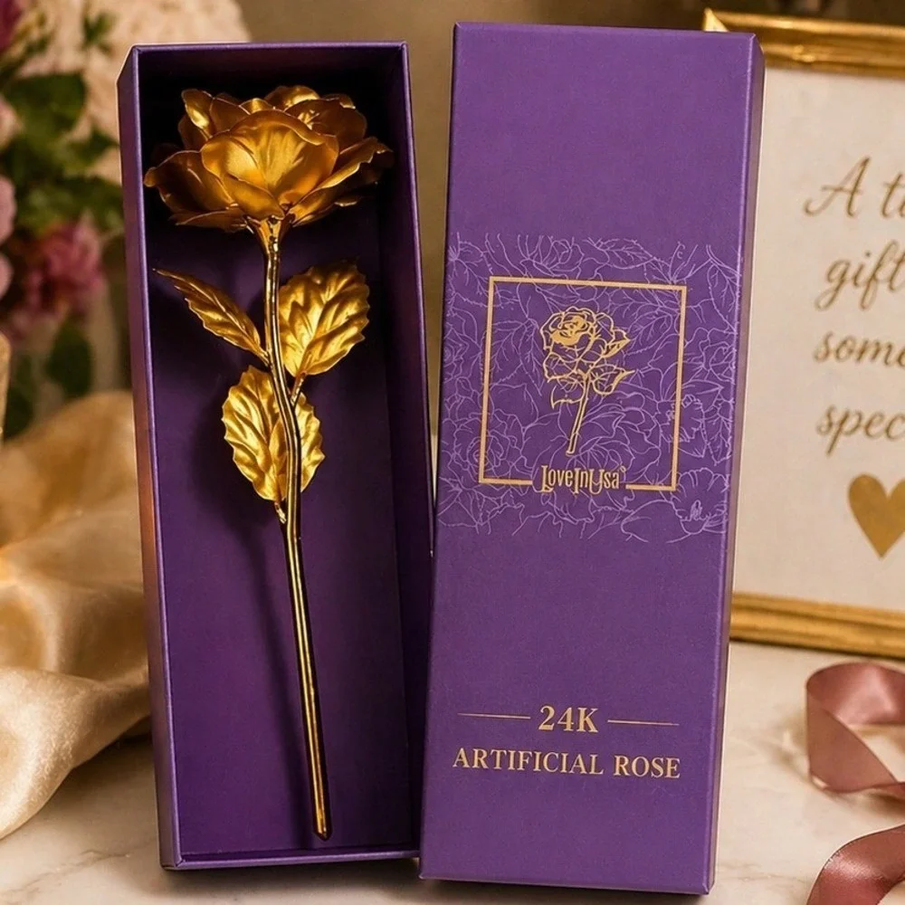 LoveInUSA 24K Artificial Gold Rose Metallic‎ Flower with Purple Gift Box Decor
